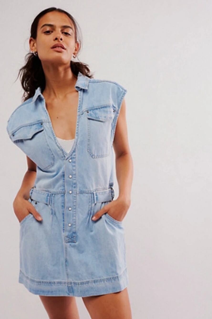 New FREE PEOPLE Rowley Denim Mini Dress $168 LARGE Sunbleached Blue